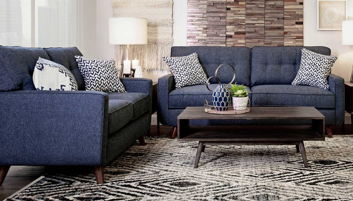 Cindy Crawford Bellingham 7 Pc Denim Blue Textured Sleeper Living Room Set  With Loveseat, Sleeper, 3 Pc Table Set, Lamp - Rooms To Go